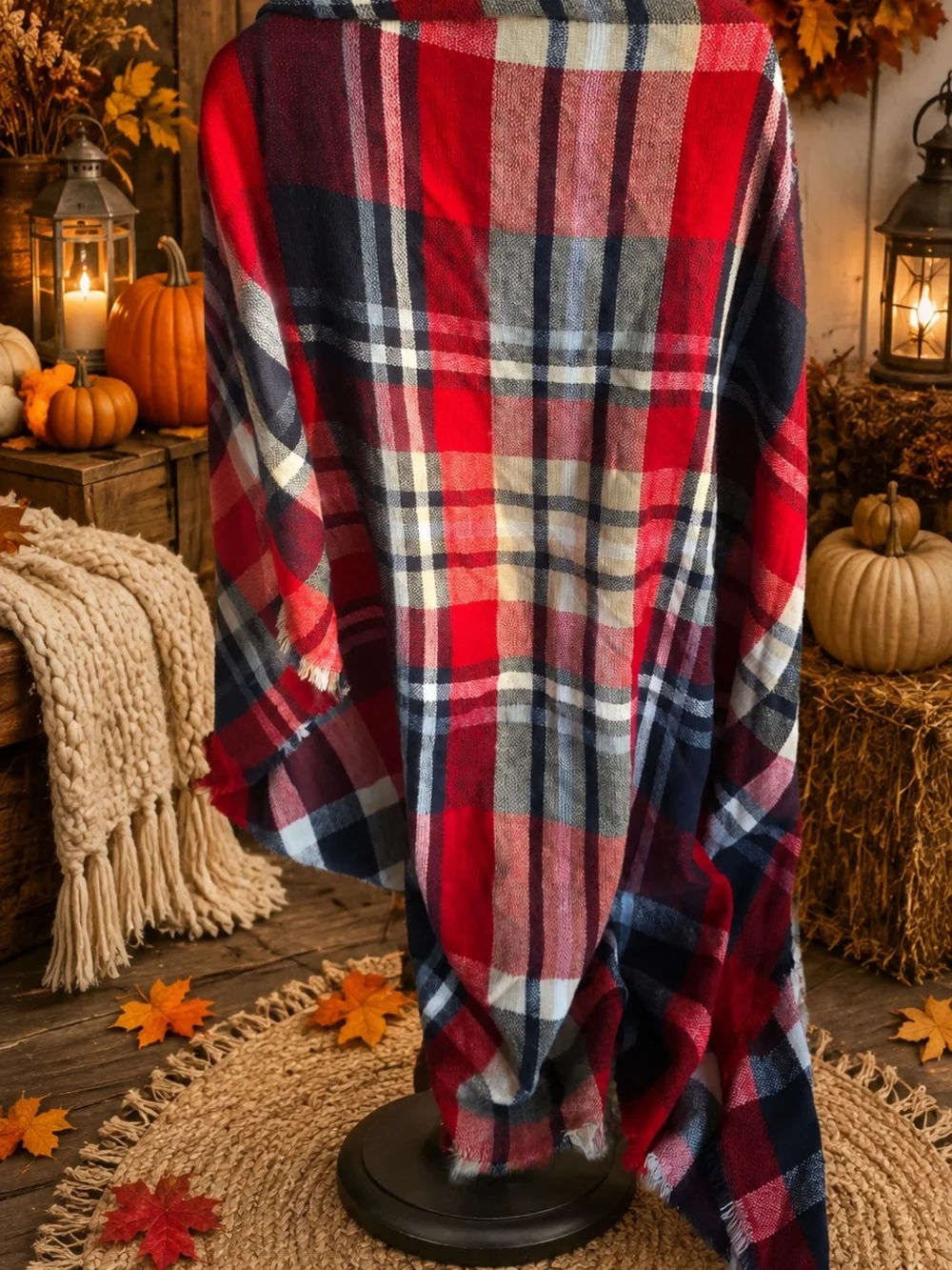 Oversized Blanket Scarf – Red & Navy Blue Plaid Flannel Wrap Accent